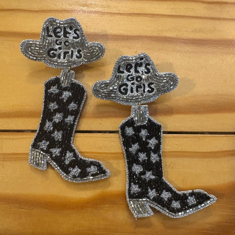 Black and Silver Beaded Cowboy Boot Earrings